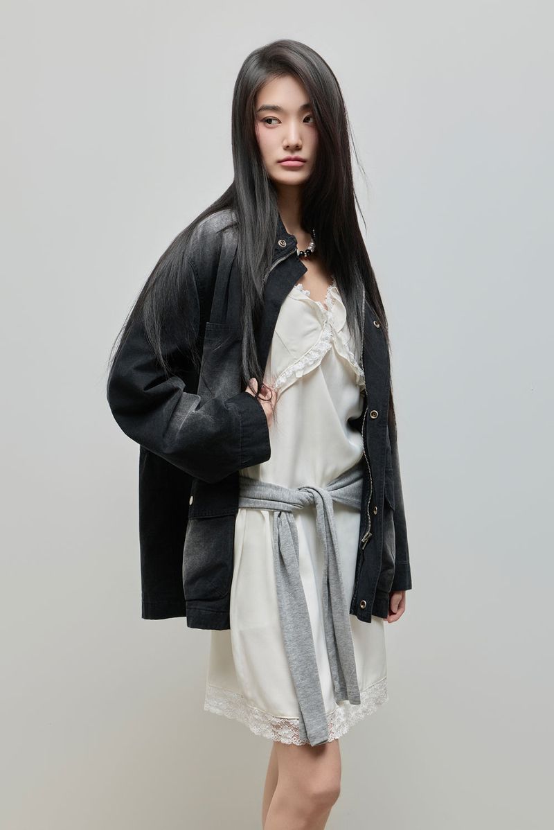Washed High-Neck Field Jacket_Black