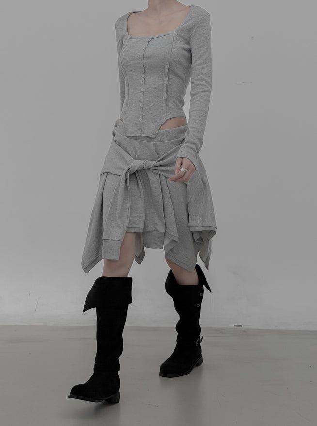 Knotted Unbalanced Sweat Midi Skirt