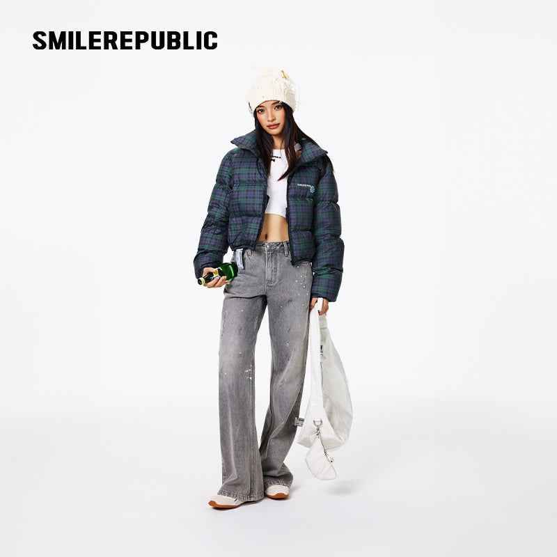 Dark Navy Plaid Polyester 90% White Duck Down Cropped Full Zip Puffer Jacket with Stand Collar