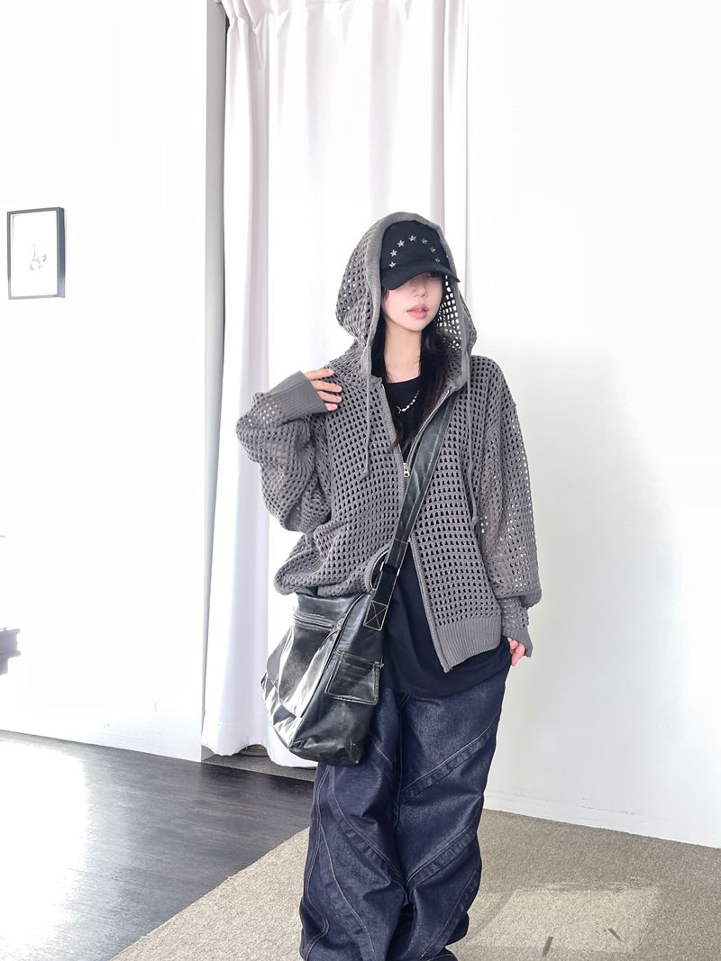 Hoshi mesh hooded knit zip-up