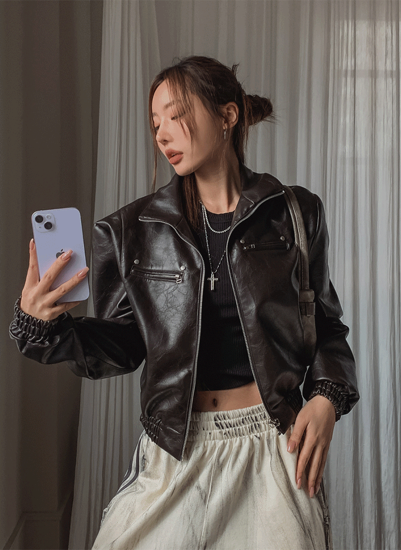ULAN（ユレン）の「ハイネックリベットクラックレザージャケット（Jackets/Outerwear）」