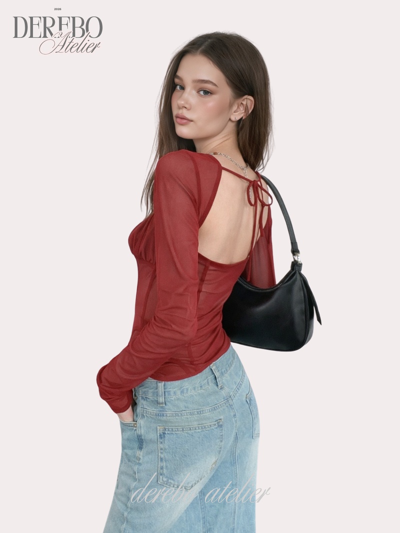 red square chiffon long-sleeve blouse