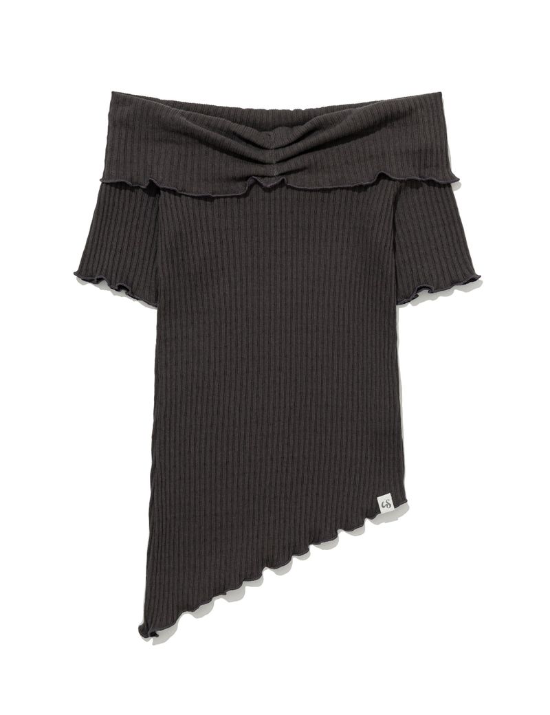 ASYMMETRIC RIB OFF-SHOULDER TEE(CHARCOAL)