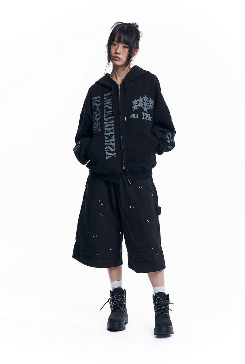 Marine Crack Print Hooded Zip-Up - Black