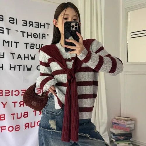 Striped Knit Cardigan with Matching Shawl