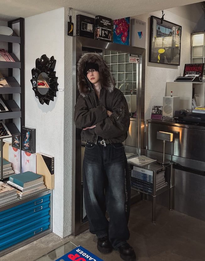 [LANARCH] Fox Fur Hood Bomber Jacket