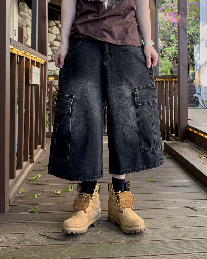 Kazen Washed Cargo Bermuda Denim Pants