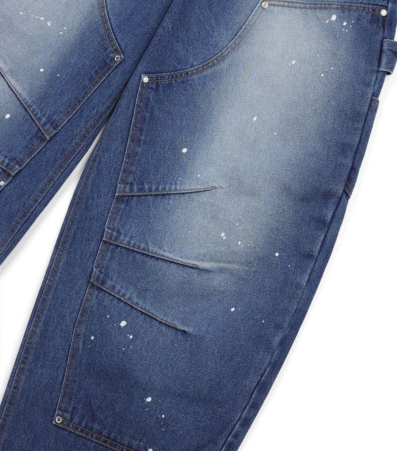 Curved Double Knee Denim Pants - Deep Blue