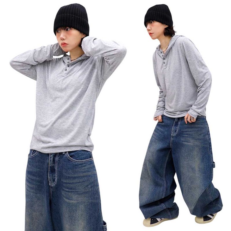 Basic Henley Neck Hooded Sleeve Long Sleeve Tee