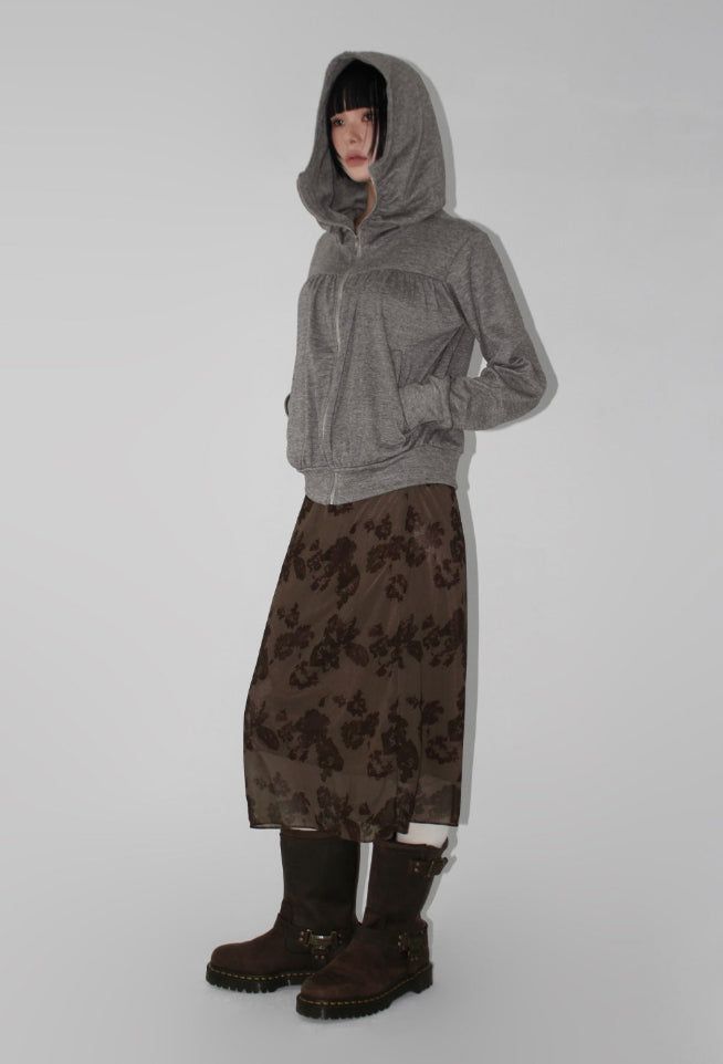 SHIRRING HIGH NECK ZIP-UP