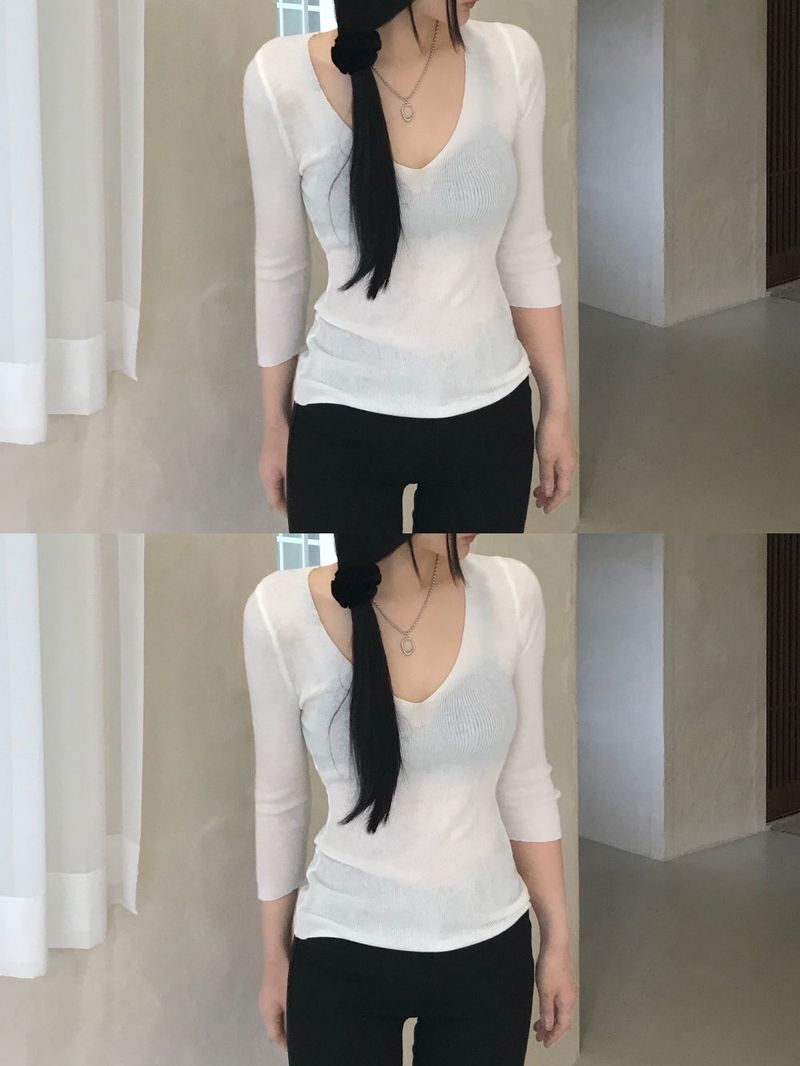Melo Sheer V-Neck 3/4 Sleeve Knit
