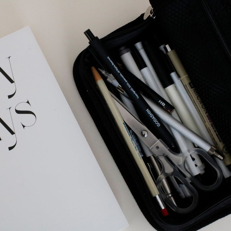On the table pen case (checkerboard)