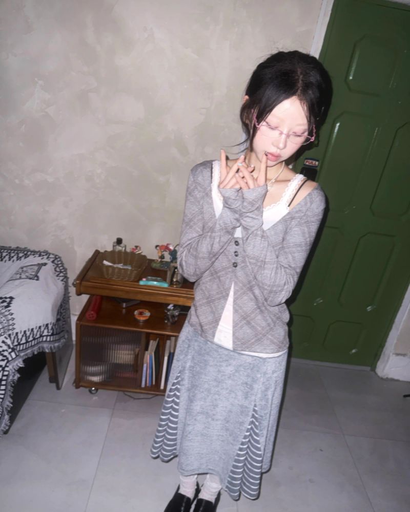 (2color) Flower Mix Stripe Flare Skirt