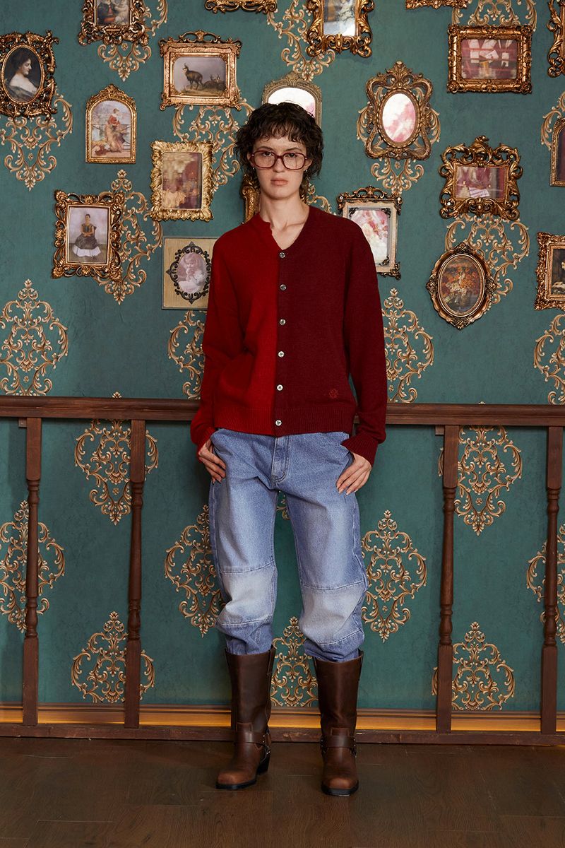 ASYMMETRY WOOL CARDIGAN / WINE&RED