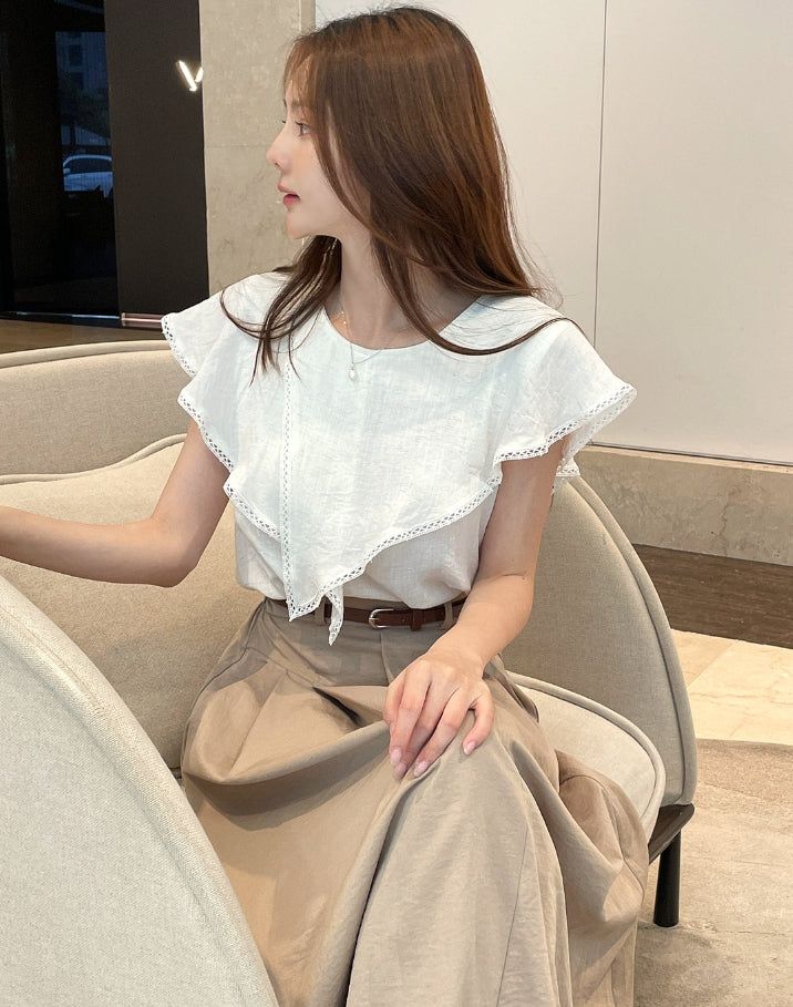 Gobel Lace Ruffle Linen Blouse