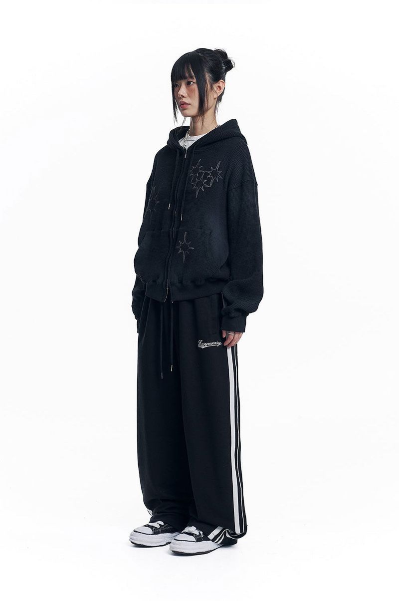 Washed Star Waffle Hooded Zip-Up - Black