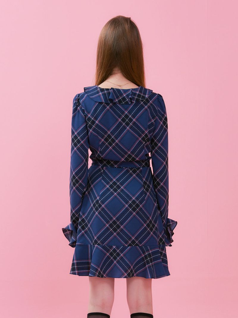 RUFFLE POINT CHECK WRAP ONEPIECE_NAVY