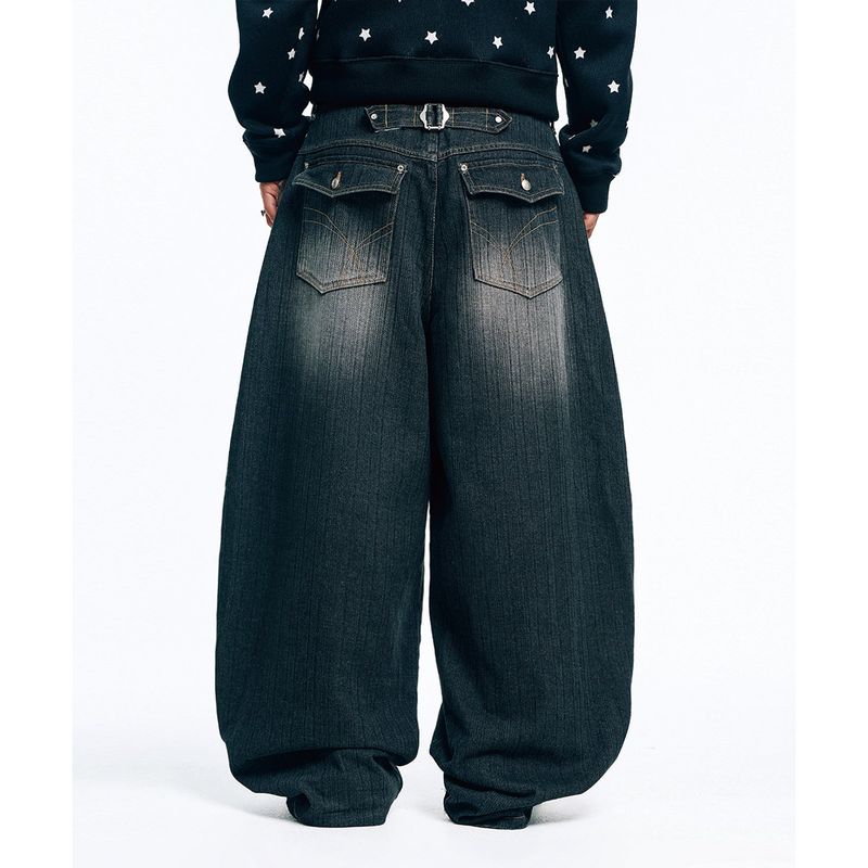 Vertical Wash Wide Denim Pants - Black