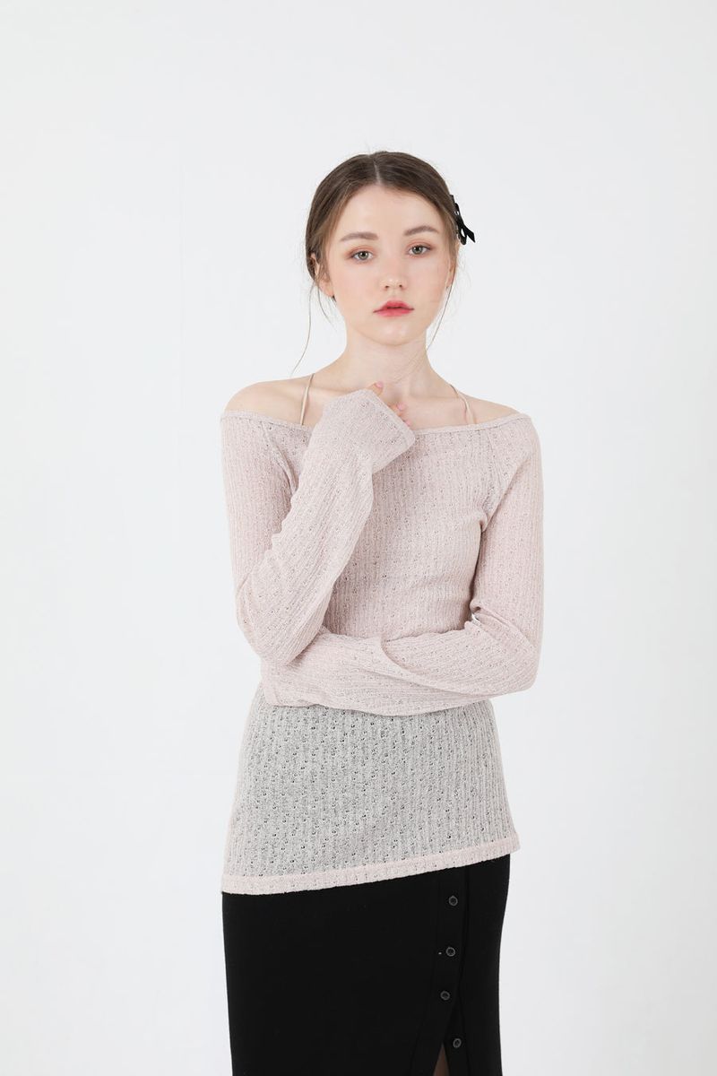 See-Throught Back Slit Long Sleeve Knit Beige