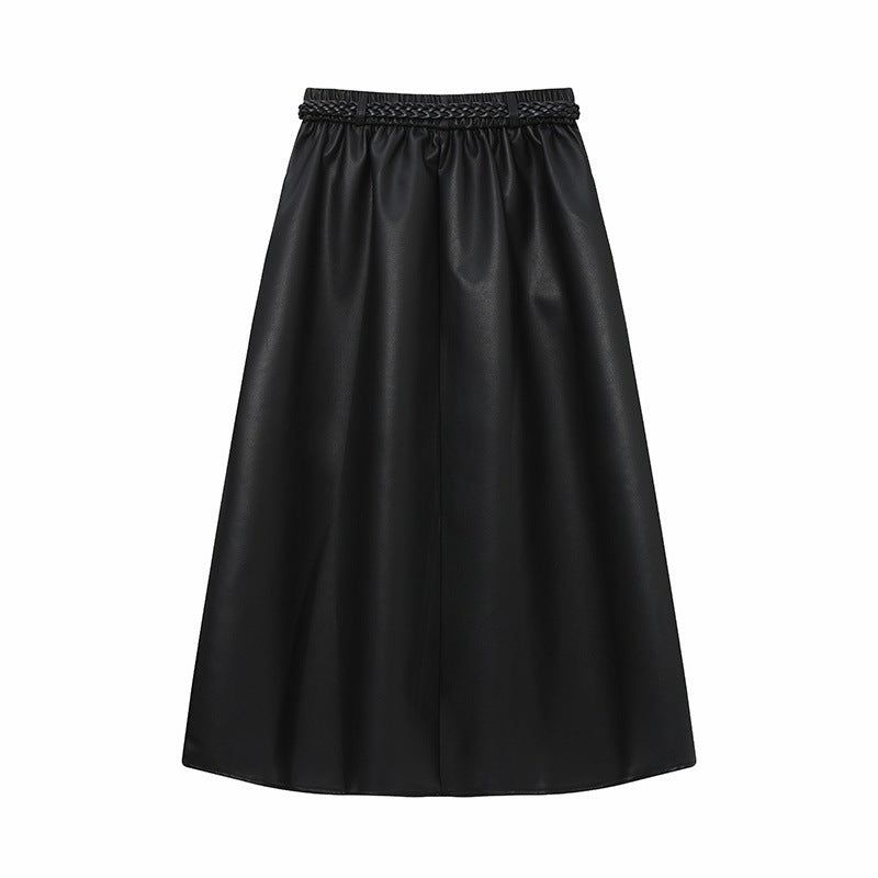 Twisted Belt Leather Long Skirt