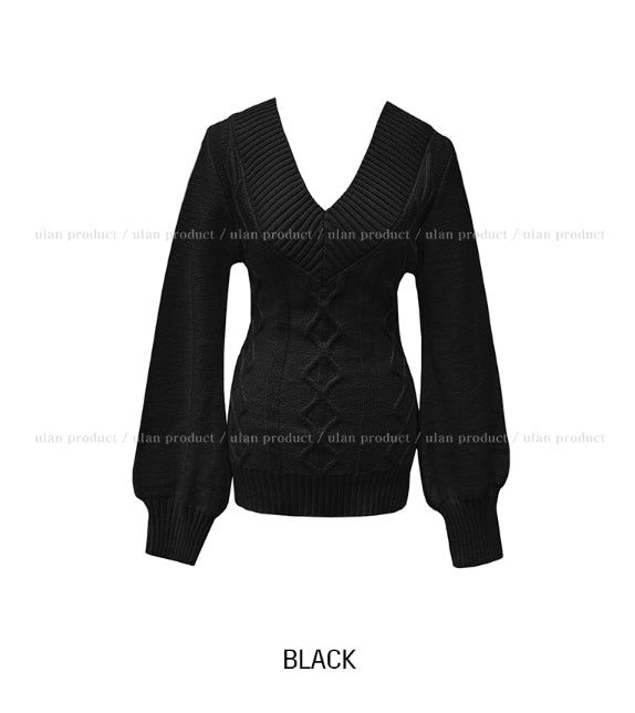 Div Long Slim Cable V-neck Knit