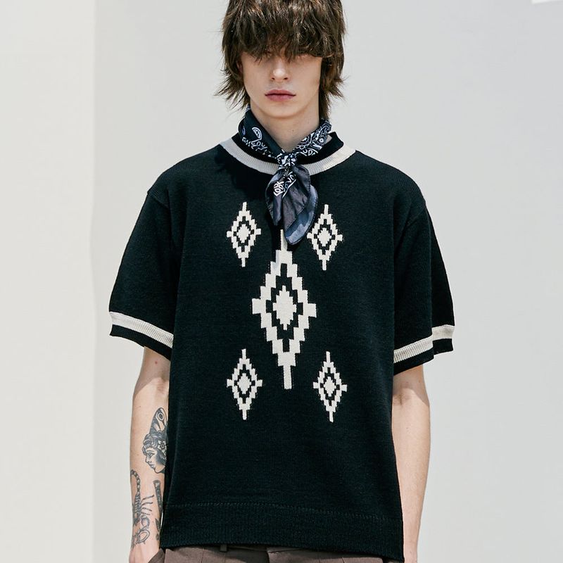 NAVAJO PATTERN RINGER HALF KNIT BLACK