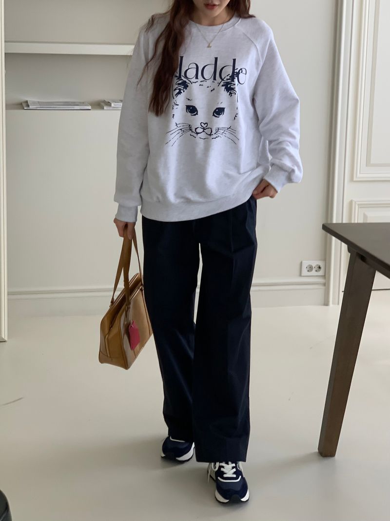 CAT DRAWING SWEATSHIRTS (WHITE MELANGE)