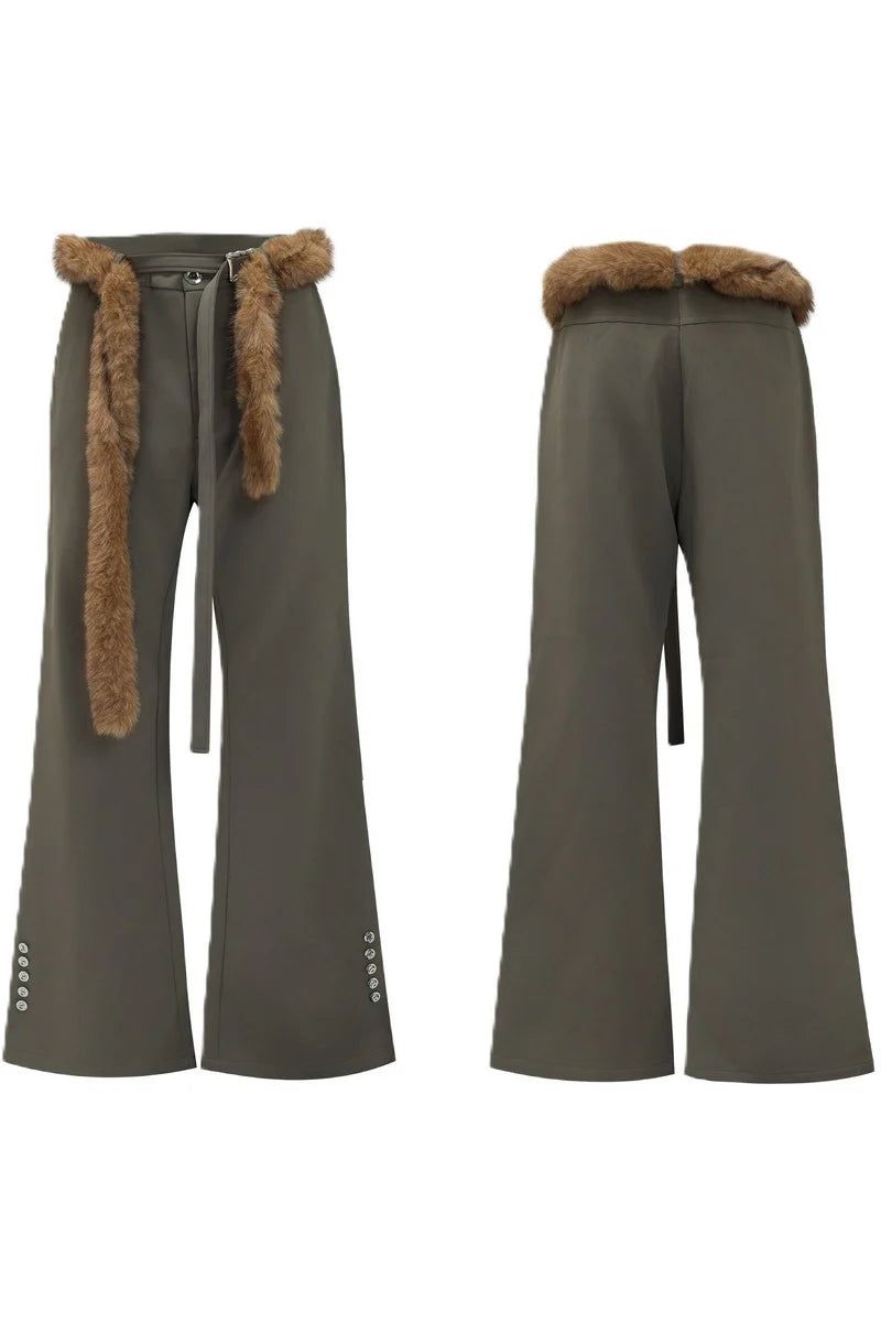 Flared Tailored Pants with Fur Belt