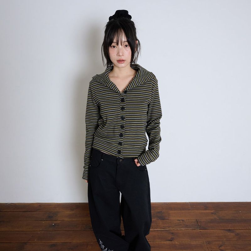 STRIPED HIGH NECK BUTTON CARDIGAN - OLIVE