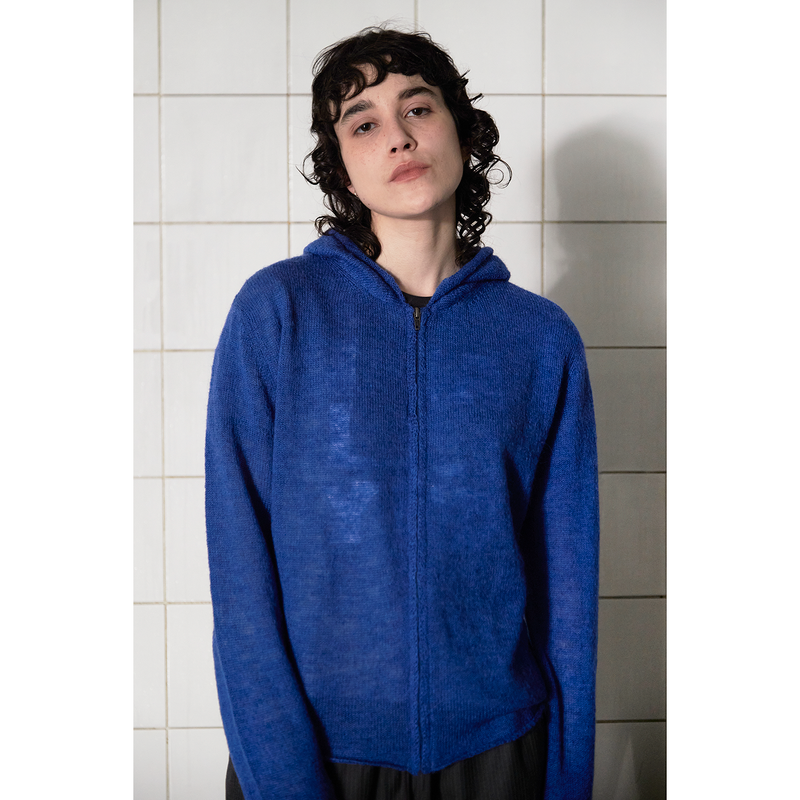 ARGYLE ELBOW KNIT ZIP-UP HOODIE / BLUE