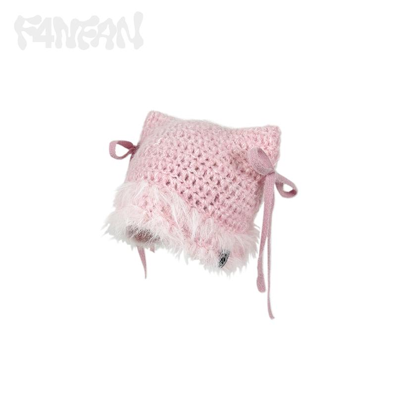 Handcrafted Crochet Cat Ear Beanie with Side Bows,Fluffy Long Fuzzy Brim, knit Cute Hat