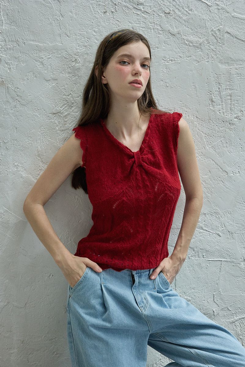 Ribbon sleeveless knit_red