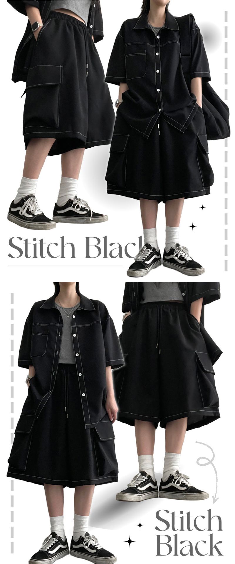 Kiren Stitch Black Cargo Shorts