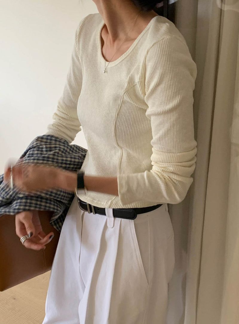 Noiton ribbed U-neck T-shirt