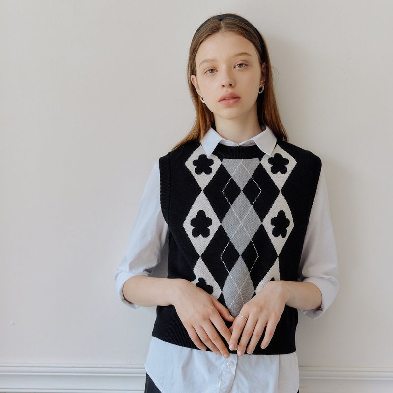 フラワージャカードベスト / FLOWER JACQUARD VEST_BLACK