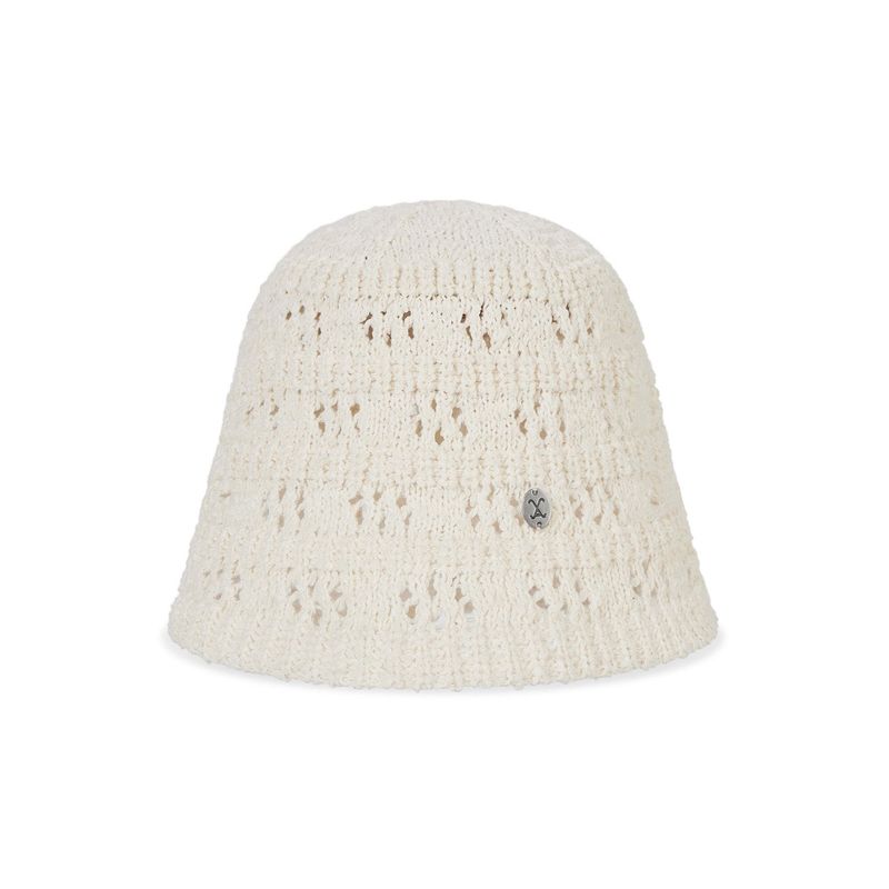 VA Curved Oval Metal Floral Punching Knit Bucket Hat / Cream