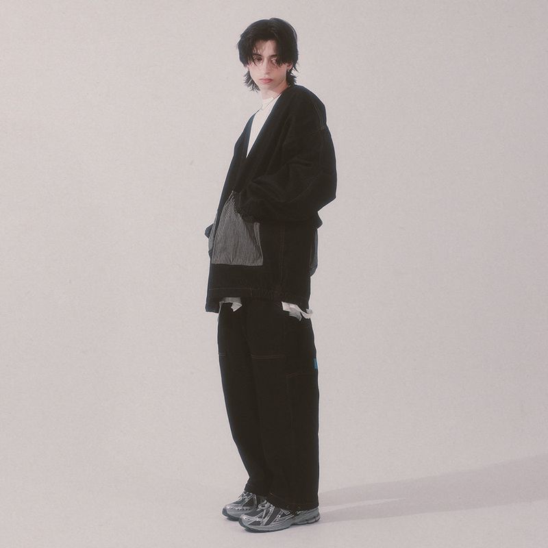 stripe patch denim pants_black