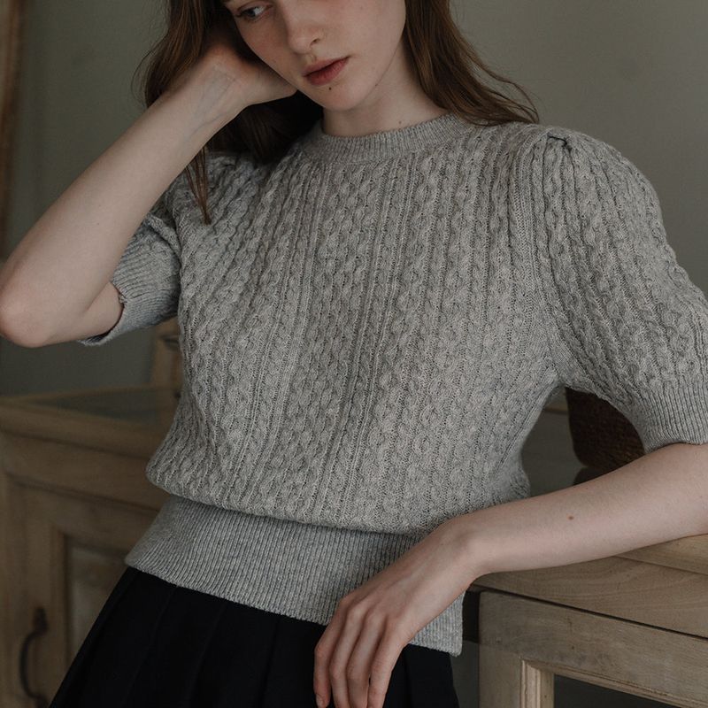 Cable Puff Sleeve Knit - Gray