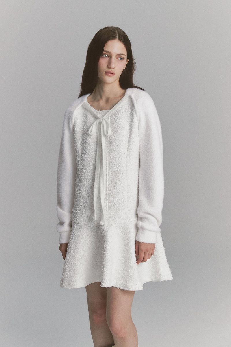 Back Ribbon Tweed Dress White