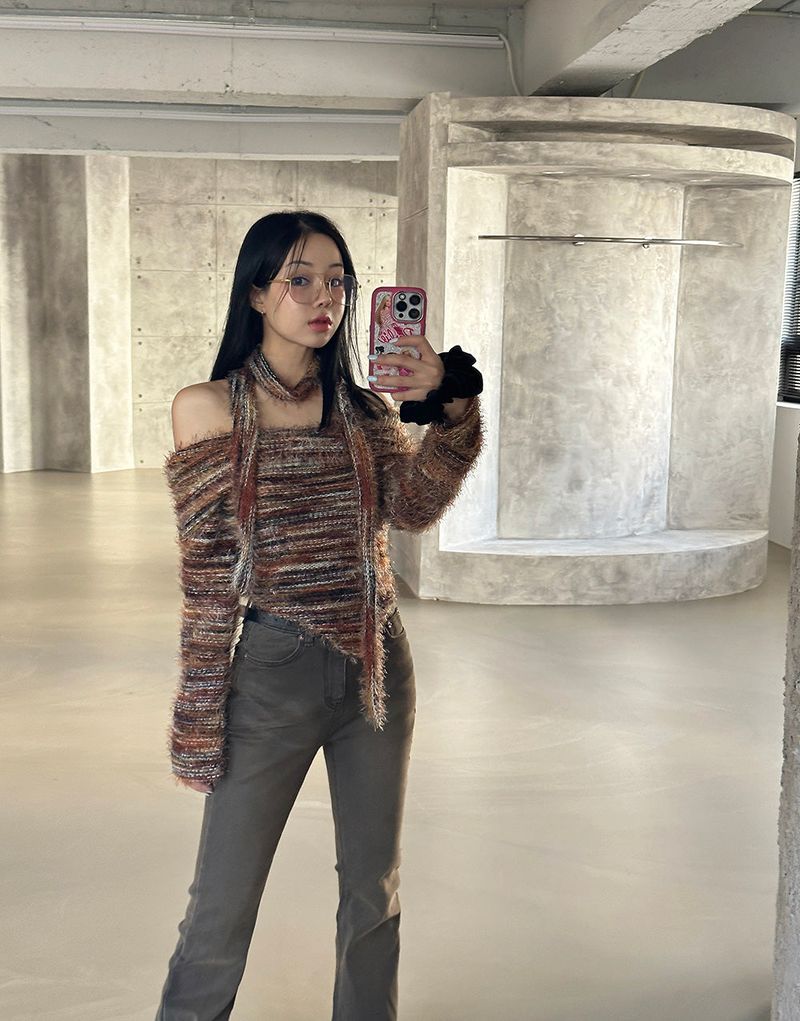 Muffler SET Off-Shoulder Mixed Knitwear