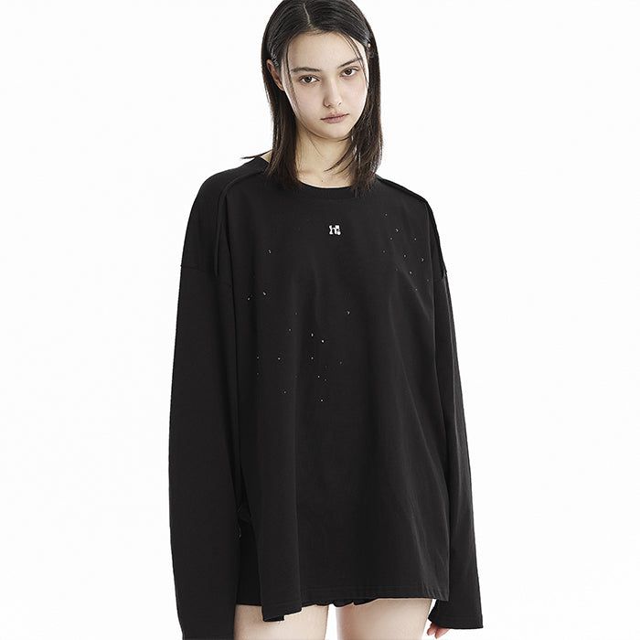 HOLY NUMBER 7(ホーリーナンバーセブン)の「Incision Decky cubic oversized fit long-sleeved T-shirt_BLACK(Tops)」
