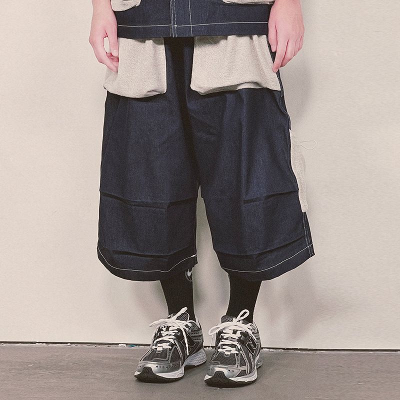 reverse terry pocket denim capri shorts_blue
