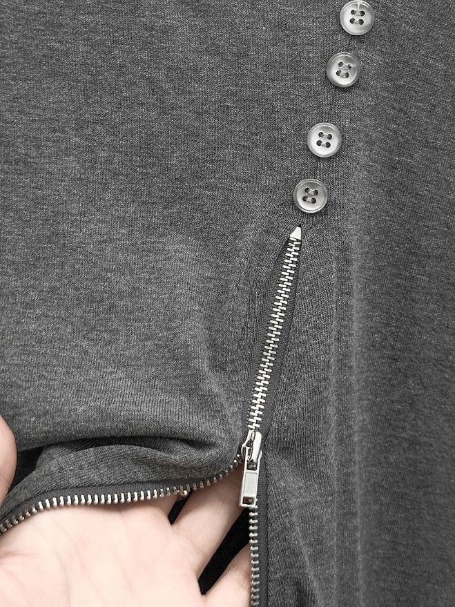 Wet Button Slit Zipper Long Sleeve Top