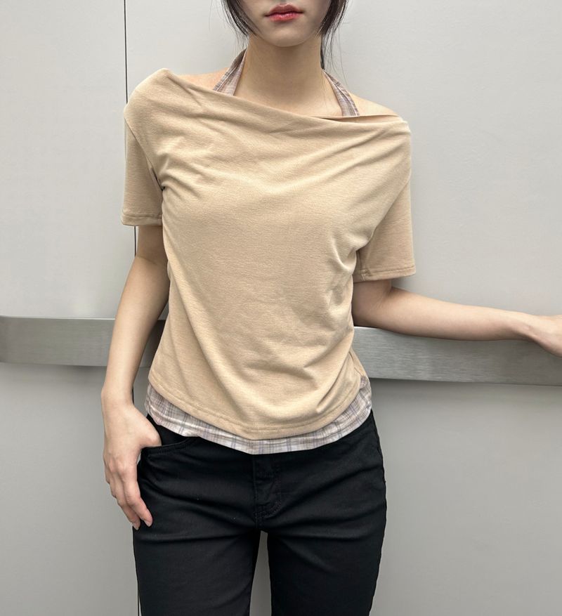 チェック ホルター オフショルダー セミクロップドTシャツ - 3カラー