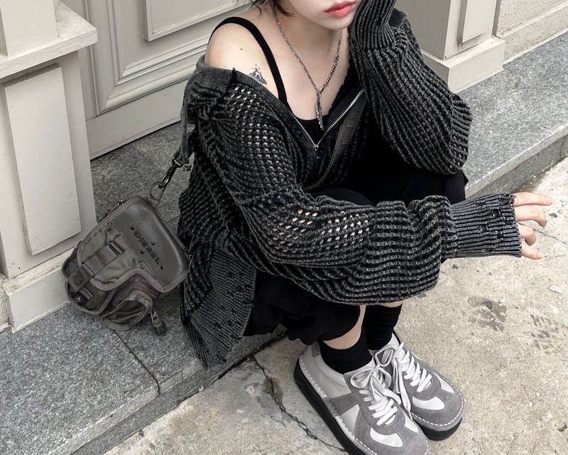 Dyeing Damage Mesh Hooded Zip-Up