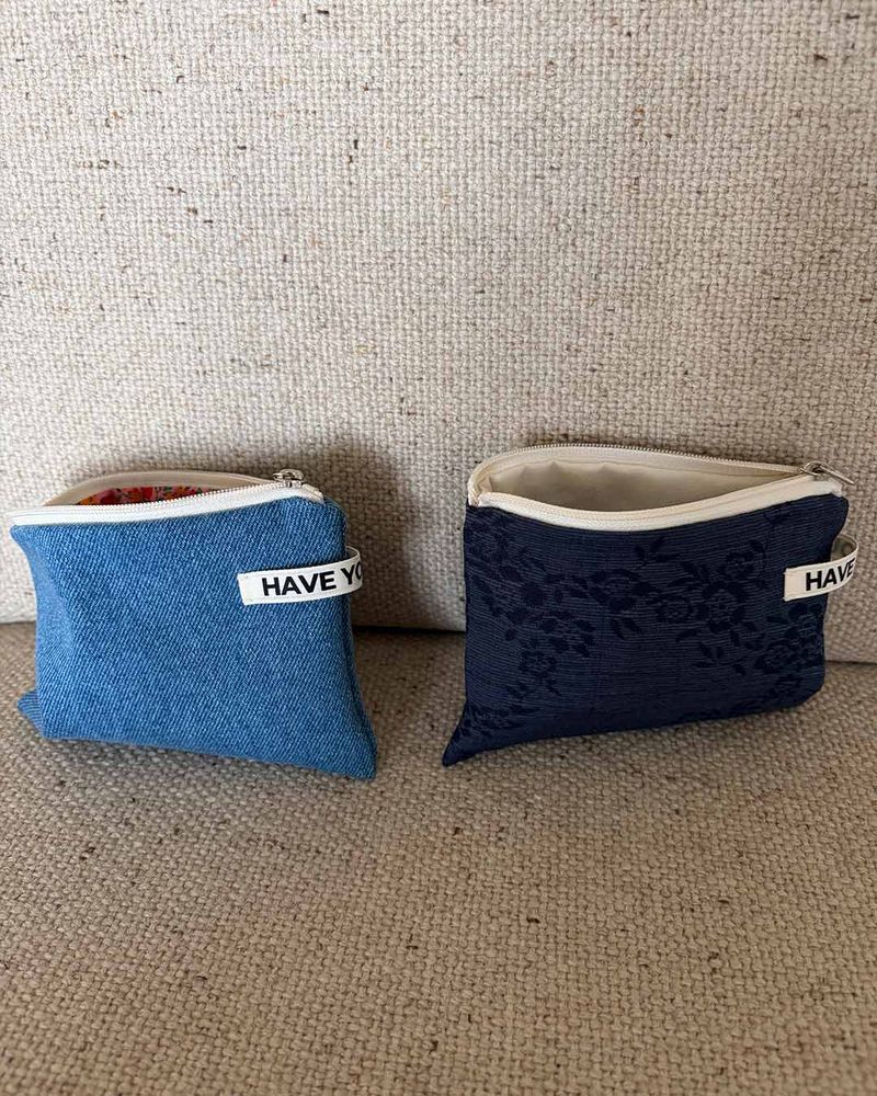 Denim & flower flat pouch - blue , S size