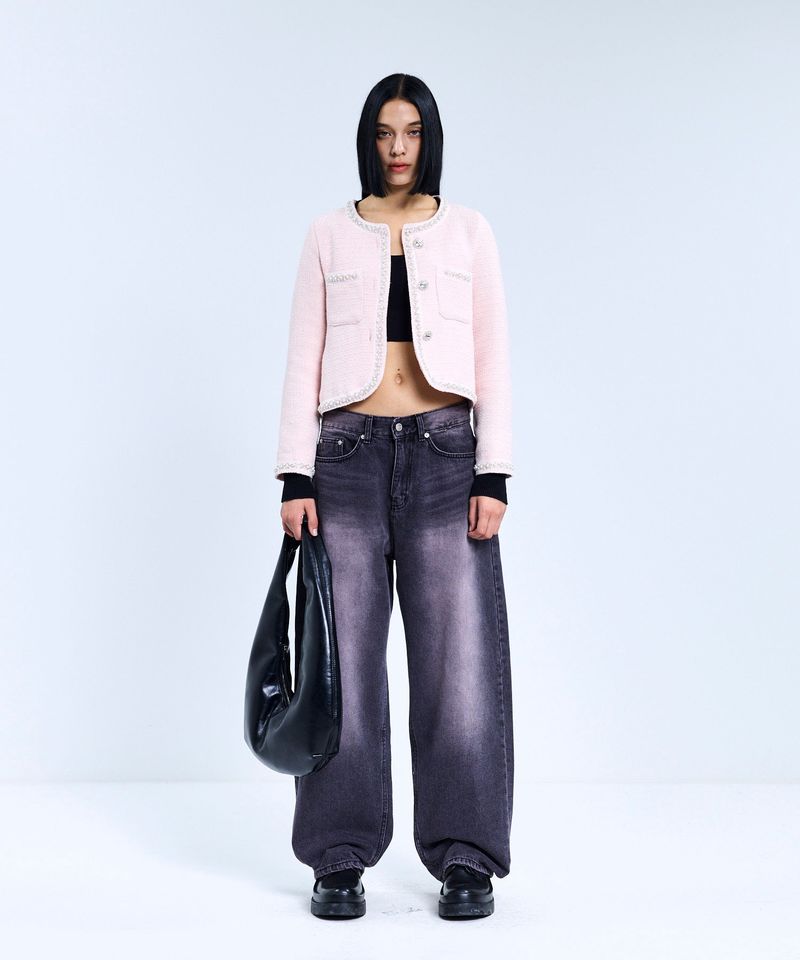 85-VIVAJ049 Line Beads Crop Tweed Jacket Pink