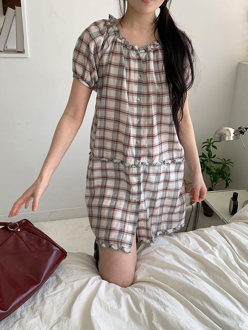 SAGE CHECK FRILL DRESS (2C)