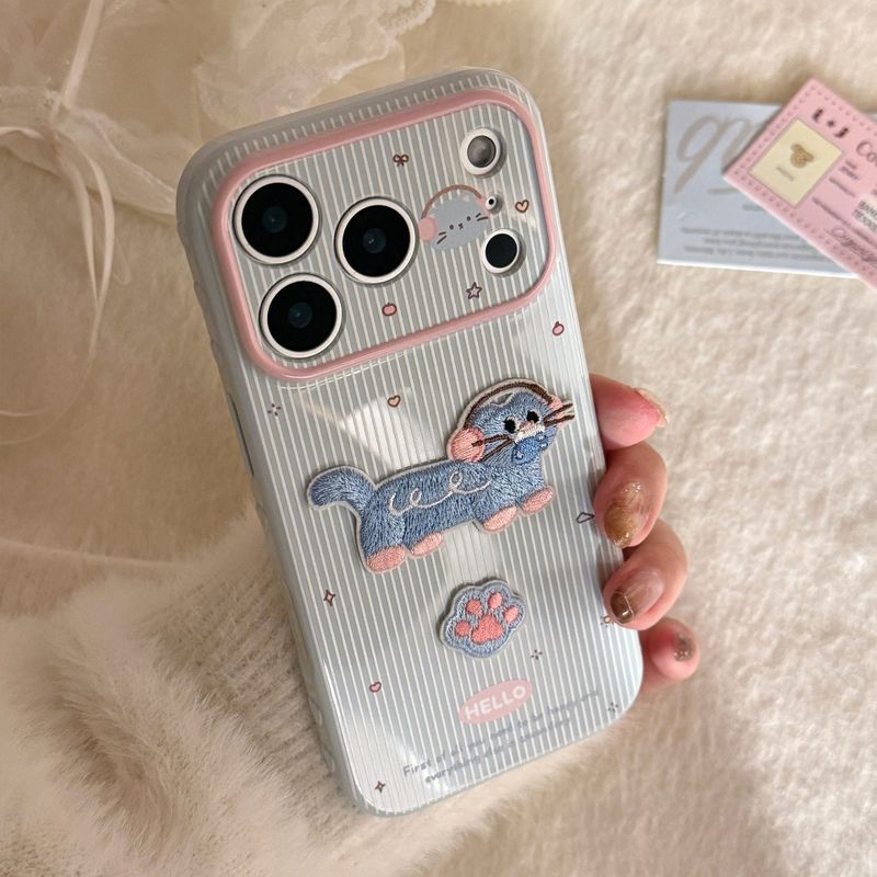 Embroidered Blue Pink Cat Soft iPhone Case