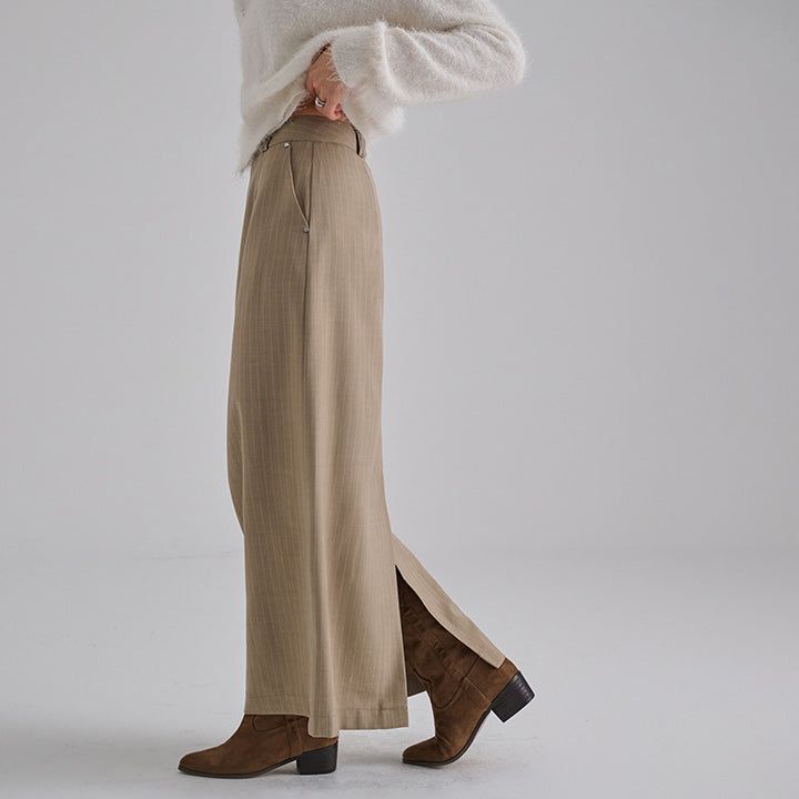 [made/4size] [Soan] Rivet Pintuck Stripe H-Line Slit Long Skirt -3color